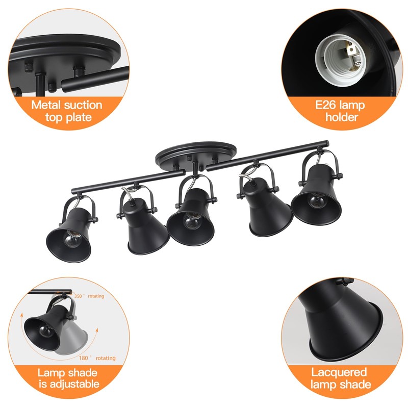 KEESFU 5-Light Track Lighting Kit,Black Semi Flush Mount Ceiling Light