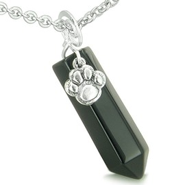 BestAmulets Amulet Lucky Wolf Paw Crystal Point Charm Black Agate Pendant 22 Inch Necklace