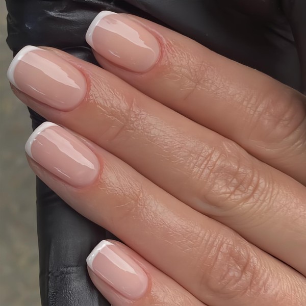 24Pcs Square False Nails Short, French Tip False Nails, False