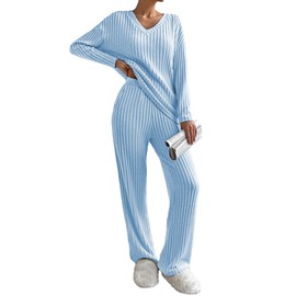 Famulily 2 Piece Lounge Wear Set Knitted Matching Clothing Sets For Women Going Out V Neck Shirts Loose Pants Sky Blue L