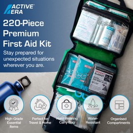 220 Piece Premium First Aid Kit Bag - Includes Eyewash, 2 x Cold (Ice) Packs and Emergency Blanket for Home, Office, Car, Caravan, Workplace, Travel and Sports (Green)