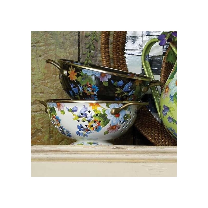 MacKenzie Childs Colander Flower Market Enamel Small Strainer 8x3.75” Black