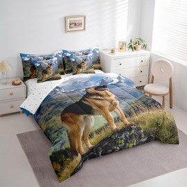 Feelyou King Comforter Set 7 Pcs Dog Printed Bed in a Bag for Girls Boys Children German Shepherd Dog Bedding Set 3D Animal Theme Comforter Pet Dog Bed Set with Sheets, Pillowcases, Pillow Covers