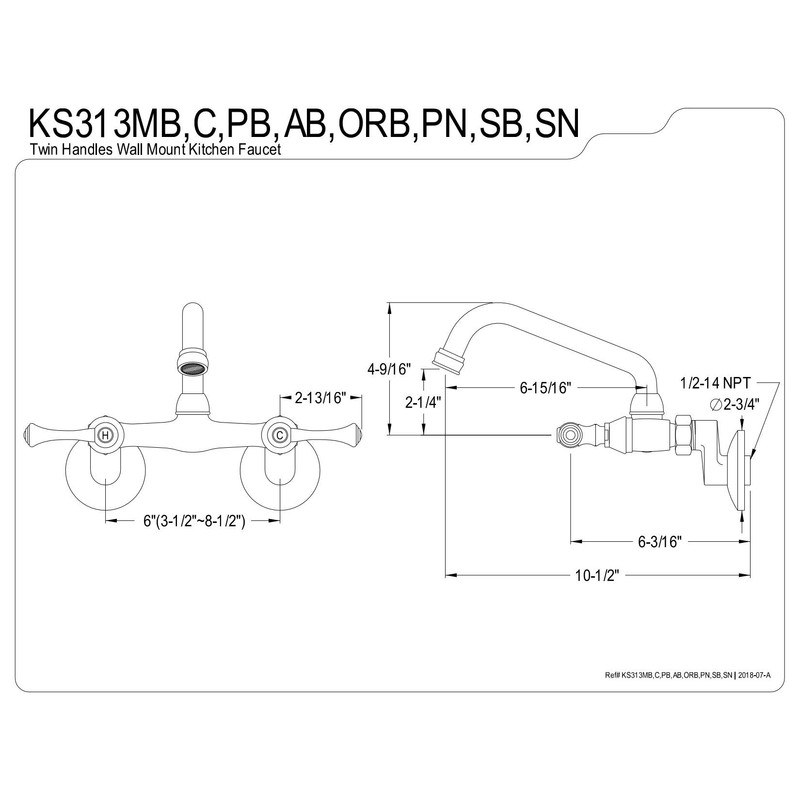Kingston Brass Kingston 6-Inch Adjustable Center Wall Mount Kitchen Faucet,