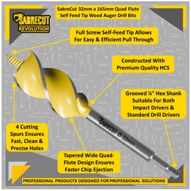 1 x SabreCut SCAG032 32mm x 165mm Wood Auger Quad Flute Self Feed Tip Grooved Hex Shank Drill Bit for High Speed Drilling in Wood and MDF