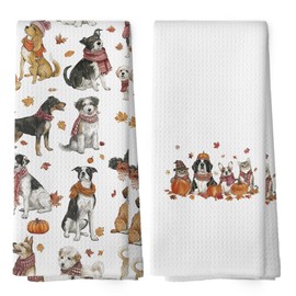 Mcehtle Fall Dog Kitchen Towels Set of 2, Fall Bathroom Decor, Autumn Pumpkin Decor, Dog Lover Gift Hand Towels for Kitchen, Thanksgiving Harvest Holiday Decorative Tea Towels Dish Towels 16x24 Inch