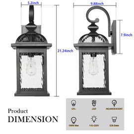 Darkaway Outdoor Lights Fixture Wall Mount, Large 22inch Exterior Wall Light with Water Ripple Glass Waterproof Black Outside Wall Sconce for House Porch Hallway Garage