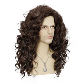 FYXZHUO Mens Long Curly Dark Brown Wig with Necklace for Cosplay Costume Halloween Party Wig