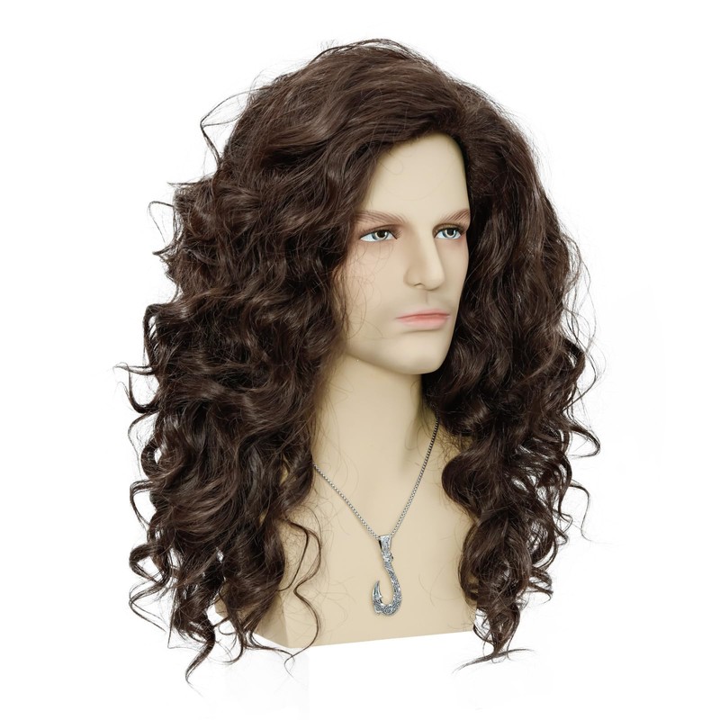 FYXZHUO Mens Long Curly Dark Brown Wig with Necklace for