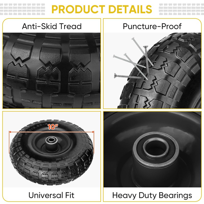 TICONN 10" Solid Tires, 2 Pack Flat Free 4.10/3.50-4'' Wheels