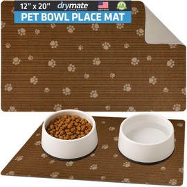 Drymate Pet Bowl Placemat, Dog & Cat Food Feeding Mat - Absorbent Fabric, Waterproof Backing, Slip-Resistant - Machine Washable/Durable (USA Made) (12” x 20”) (Brown Stripe Tan Paw)