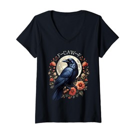 Womens F-Caw-F Crow Funny Raven Moon Adult Humor Nature Graphic V-Neck T-Shirt