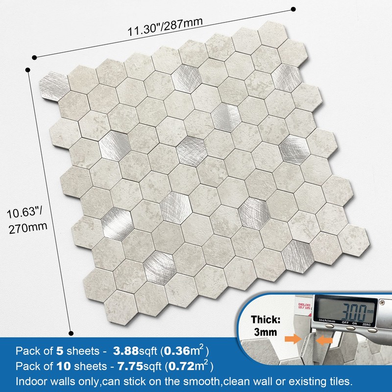 MOFIT Hexagon Peel and Stick Backsplash Tiles Kitchen,Self-Adhesive Metal and