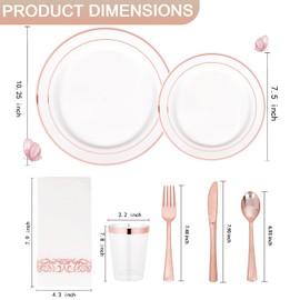 Supernal 200pcs Rose Gold Plastic Dinnerware included Disposable Flatware& Plastic Party Plates Disaposable Cups and Napkins,Perfect for Party,Birthday and Wedding