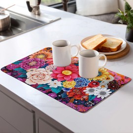 Boho Floral Dish Drying Mat For Kitchen Counter Microfiber Super Absorbent Non-Slip Dish Drying Pad For Countertops Dishes Utensils Stylish Quick-Dry Machine Washable 18x24 Inch