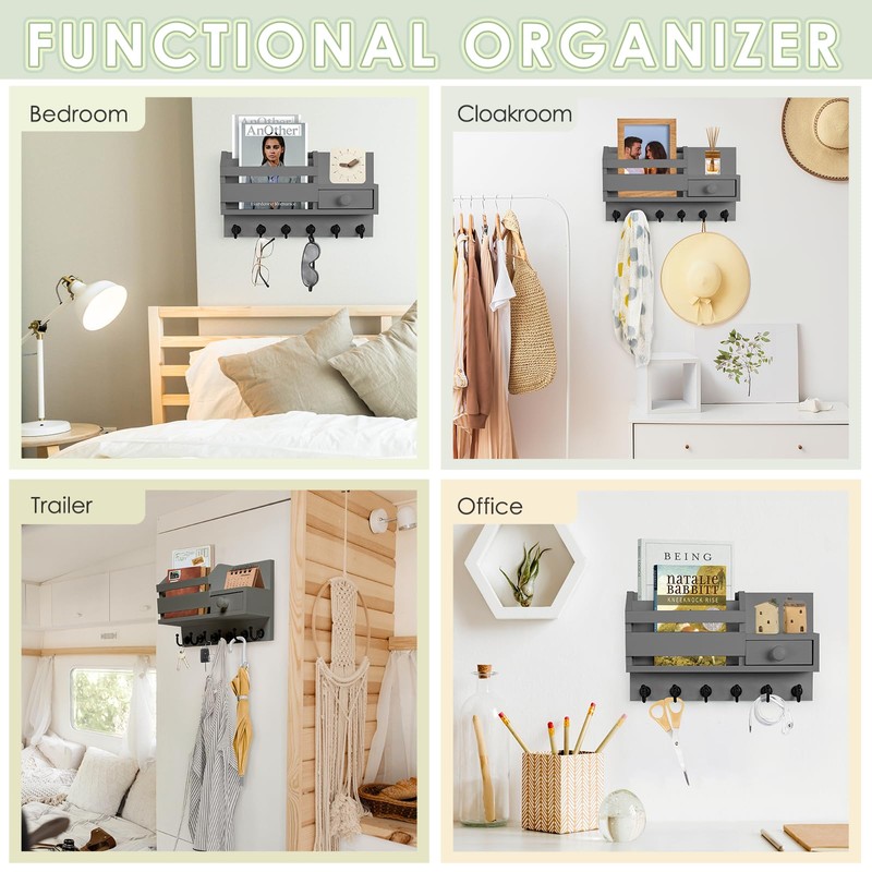 VIS'V Key Holder Wall Mount, Wooden Mail and Key Organizer