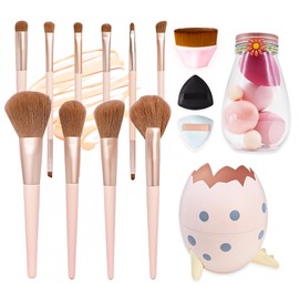 Doeean 21 Brush Advanced Synthetic Kabuki Makeup Brush Set 2 Powder Puffs 1 Cute Makeup Bucket Professional Universal For Beginners In Cosmetics (egg Pink)