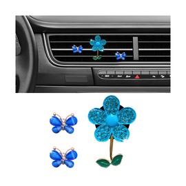 Sandfren 3PCS Bling Car Air Vent Clips, Butterfly Flower Rhinestone Vehicle Conditioning Outlet Clamps, Diamond Vent Clip Charm Decoration for Women Girls, Universal Automotive Accessories (Blue)