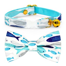 Fish Cat Bow Tie Collar, Blue Cat Collar, Breakaway with Bell, Safety Plastic Buckle Collar for Cats