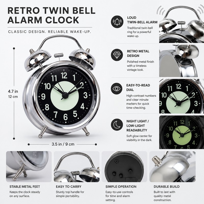 Twin Bell Alarm Clock for Heavy Sleepers – Retro Metal