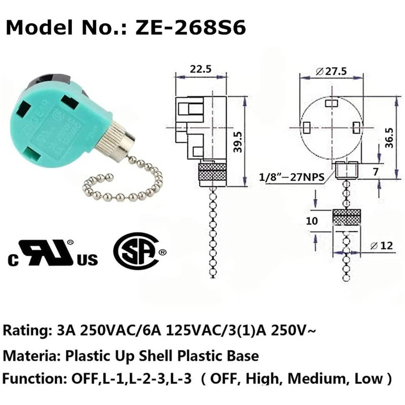Ceiling Fan Switch 3 Speed 4 Wire, Ze-268s6 Ceiling Fan