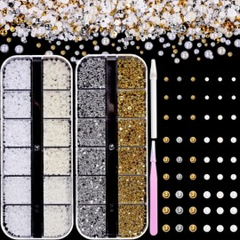 3D Mini Nails Pearls, Gold Silver Flatback Pearls for Nail Art, Beige White Gold Silver Pearl Nail Beads Gems for Nails Manicure DIY Jewelry Supplies Accessories