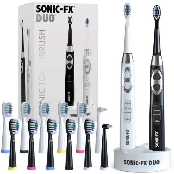 Sonic-FX Duo Dual Handle Rechargeable Electric Toothbrush Set for Adults and Kids - 3 Modes, Smart Auto-Timer - with Charging Dock Brush Holder and 14 Brush Heads - Black and White