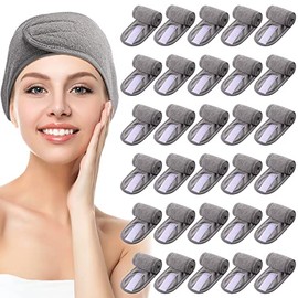 30 Paquetes Diademas de Spa Banda Facial de Maquillaje para Lavarse Cara Ducha Baño Deporte Envoltura Niñas Toalla Ajustable de Poliéster con Gancho y Bucle Antideslizante (Gris)