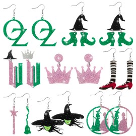 Axbvok9Uconie 8 Pairs Witch Elphaba Glinda Sparkly Glitter Earring Musical Earrings for Women, Crown Hat Acrylic Drop Dangle Ear Decor Green Pink Witch Movie Merchandise Jewelry for Musical Fans Gifts