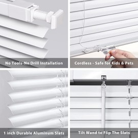 LazBlinds No Tools-No Drill 1" Aluminum Mini Blinds, Cordless Blinds for Indoor Windows, Light Filtering Horizontal Blinds and Shades for Window Size 30'' W x 64'' H, White