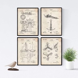 Nacnic 4 Poster with Boat Patents | Poster Set with Inventions and Old Tools | Pictures of Rudder, Anchor, Sailboat and Ship Propel | Size A4