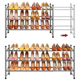 Tajsoon Expandable Shoe Rack for Closet 3 Tier, 28“-41“Adjustable & Stackable Shoe Shelf Storage, Metal Shoe Rack Organizer for Front Door Entrance, Closet, Garage, Entryway, Grey
