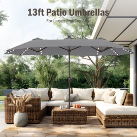 PHI VILLA 13FT Patio Double-Sided Umbrella with Solar LED Lights Outdoor Umbrella Gray