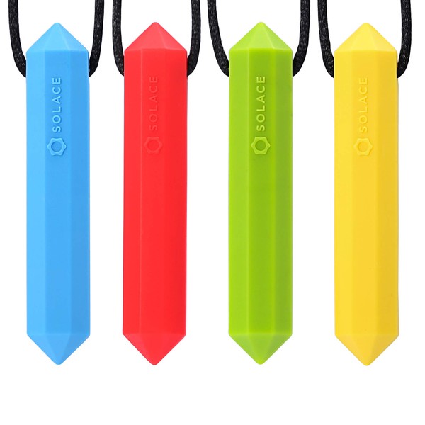 Solace CHEWELRY Chew Necklace for Boys & Girls - Sensory Chew Necklaces for Kids ADHD Autistic Autism - Oral Motor Chewing Biting Needs Chewlery - Crystal 4-Pack (Age 5+)