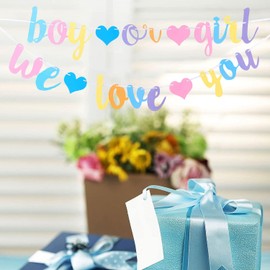 Baby Shower Banner Kit,Boy or Girl We Love You Gender Reveal Bunting Flag Baby Gender Show Party Favors Decorations Pregnancy Announcement