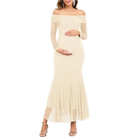 CYCLAMEN Sparkly Maternity Dress for Baby Shower Off The Shoulder Long Sleeve Mermaid Pregnancy Gown with Flowy Tail Hem, Off White, XL