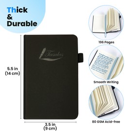 Tasalas Pocket Notebook Portable A6 Notebooks with Inner Pocket and Elastic Band - 80 GSM Lined Paper Notepad, 196 Pages (98 Sheets) Soft & Durable PU Leather Cover (Black)