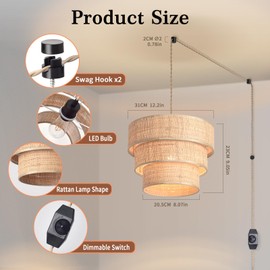 Ziqqeelam Rattan Plug in Pendant Light, 3 Tier Plug in Chandelier with Boho Wicker Lampshape Hanging Lamp, Hanging Lights with Plug in Cord for Living Room Bedroom Dinning Island,16.4ft Cord
