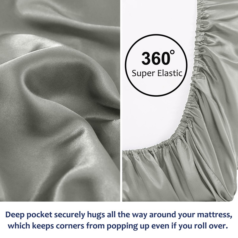 sourcing map Satin Fitted Sheet, Solid Silky 12" Deep Pocket