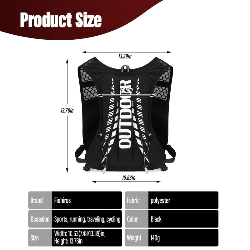 Fiohiros Running Vest, Lightweight Hydration Pack, Breathable Running Vest Women/Men,