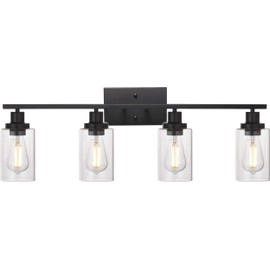 MELUCEE 4 Lights Sconces Wall Lighting Black with Clear Glass Shade, Industrial Bathroom Light Fixtures Vanity Lights Porch Light Fixtures Wall Mount (Patent No.: US D963914 S)