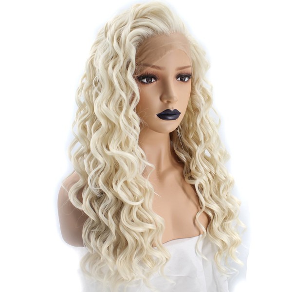 Anogol Hair Cap+Platinum Blonde Lace Wig Synthetic Hair Wigs Long Curly Blonde Lace Front Wig for Women Daily Life