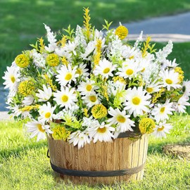 64 Heads 17.7 Inch Fake Dasiy Flowers Summer Cemetery Decor, 4 Bouquets Artificial Flowers for Outdoors UV Resistant Plastic Fake Plants Faux Lavender for Gardens Planter Home Grave Decor(White)