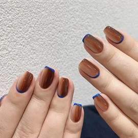 Brown Press on Nails Medium Square Fake Nails Ombre Acrylic Nails Press ons with Blue Line Design Glue on Nails Glossy Blue French False Nails Full Cover Stick on Nails for Women Girls 24Pcs