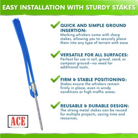 Blue Marking Whiskers with Stakes - 100 Pack - Durable Marking Whisker Set - Use Survey Whiskers As Ground Markers, Construction Markers, Or Trail Markers