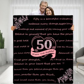KERAOO Happy 50th Birthday Blanket Gift for Women, 50 Years Old Birthday Ideas Gift for Her,50th Birthday Christmas Mother's Day Throw Blanket Gift for Wife Mom Grandma Nana