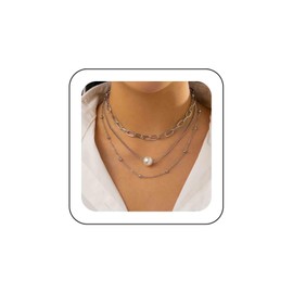 Inateannal Punk Layered Neckalce Chain Paperclip Link Chain Necklace Silver Pearl Pendant Necklace Satellite Bead Choker Necklace Single Pearl Chain Necklace Multilayer Pearl Paperclip Neckalce