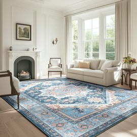 BESTSWEETIE Area Rugs 8x10 Rug for Living Room, Washable Rug 8x10, Non Slip Water Repellent Floor Carpet, Low Pile Soft Vintage Rug for Bedroom Dining Room Indoor-Navy Blue/Light Blue/Natural/Brick