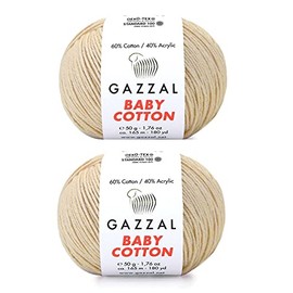 Gazzal Baby Cotton 60% Cotton 40% Acrylic 2 Balls (50g Ball) 165m Soft 2 - Fine Baby Yarn (3445 Beige)