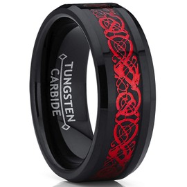 Metal Masters Men's Co. Black Tungsten Carbide Red Dragon Ring Wedding Band Black Carbon Fiber Comfort Fit 15